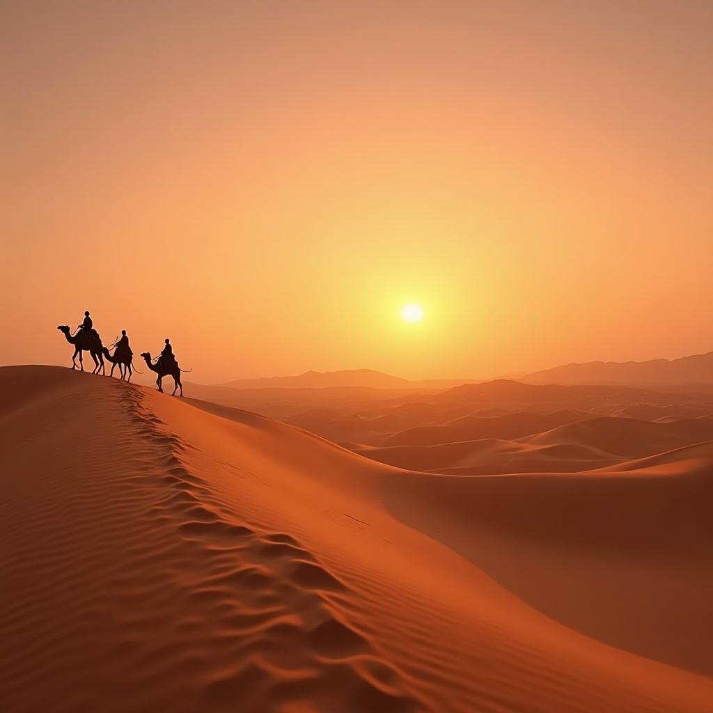 Camel caravan at sunrise in Arabian desert