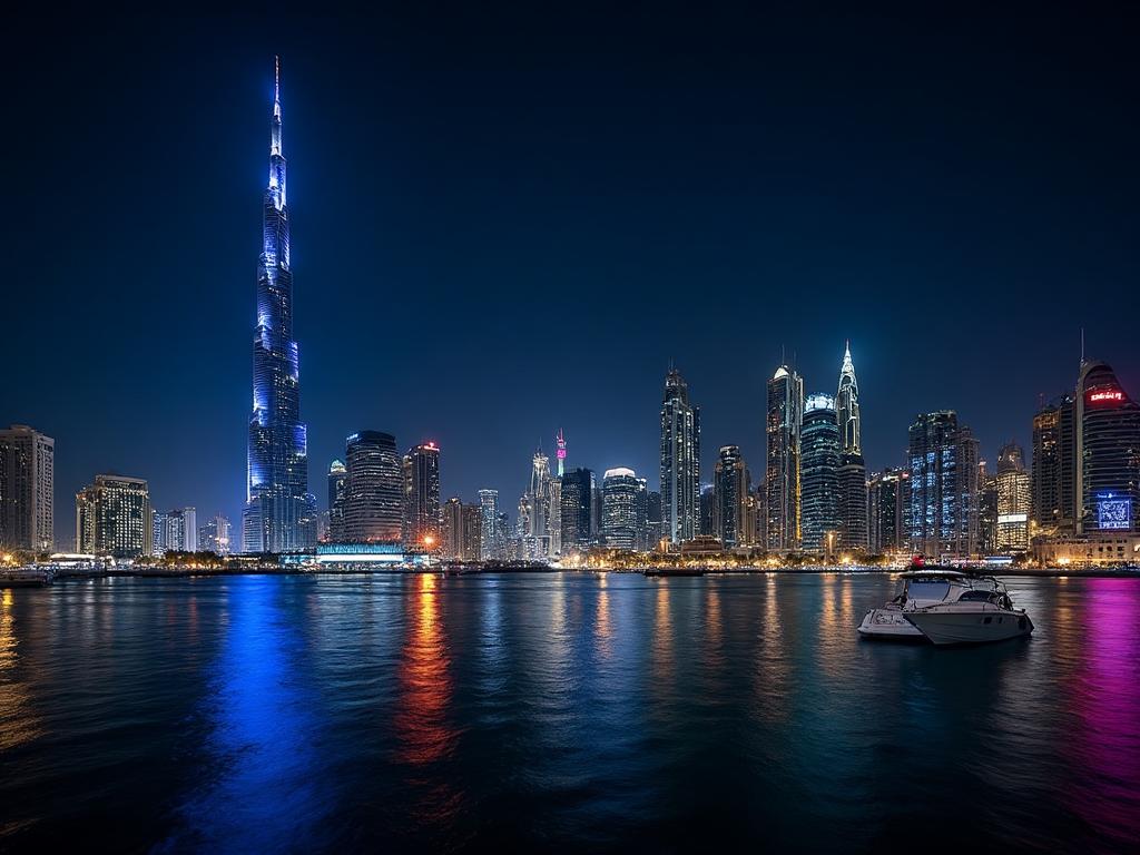 Dubai Marina skyline at night from water