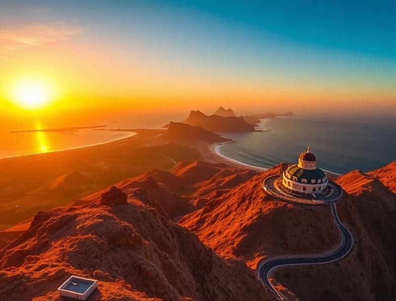 Scenic golden hour viewpoint over mountains and ocean