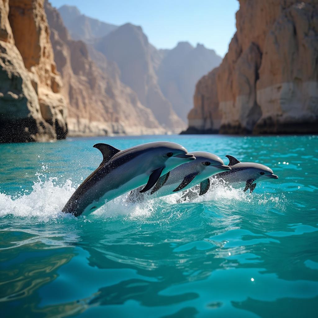Dolphins jumping in Musandam fjords